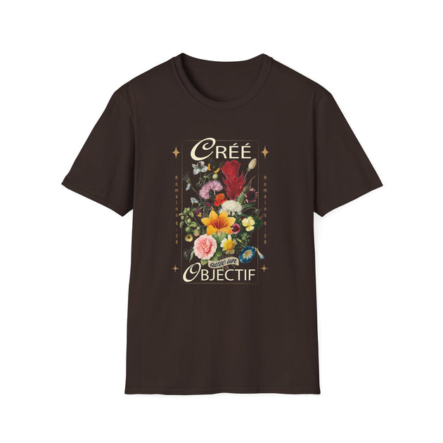 T-shirt marron pour femme orné d'un bouquet de fleurs vintage et de l'inscription Créé avec un objectif.