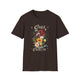 T-shirt marron pour femme orné d'un bouquet de fleurs vintage et de l'inscription Créé avec un objectif.