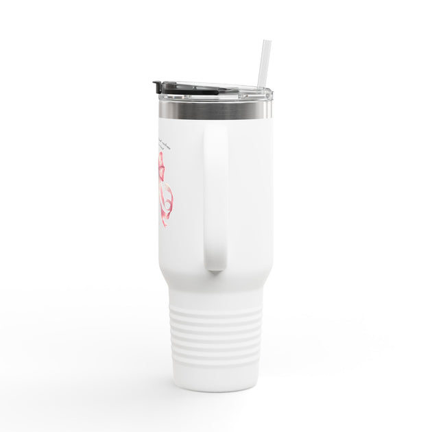 Gobelet isotherme blanc de 40oz avec poignée, paille et motif de nœuds aquarelle.