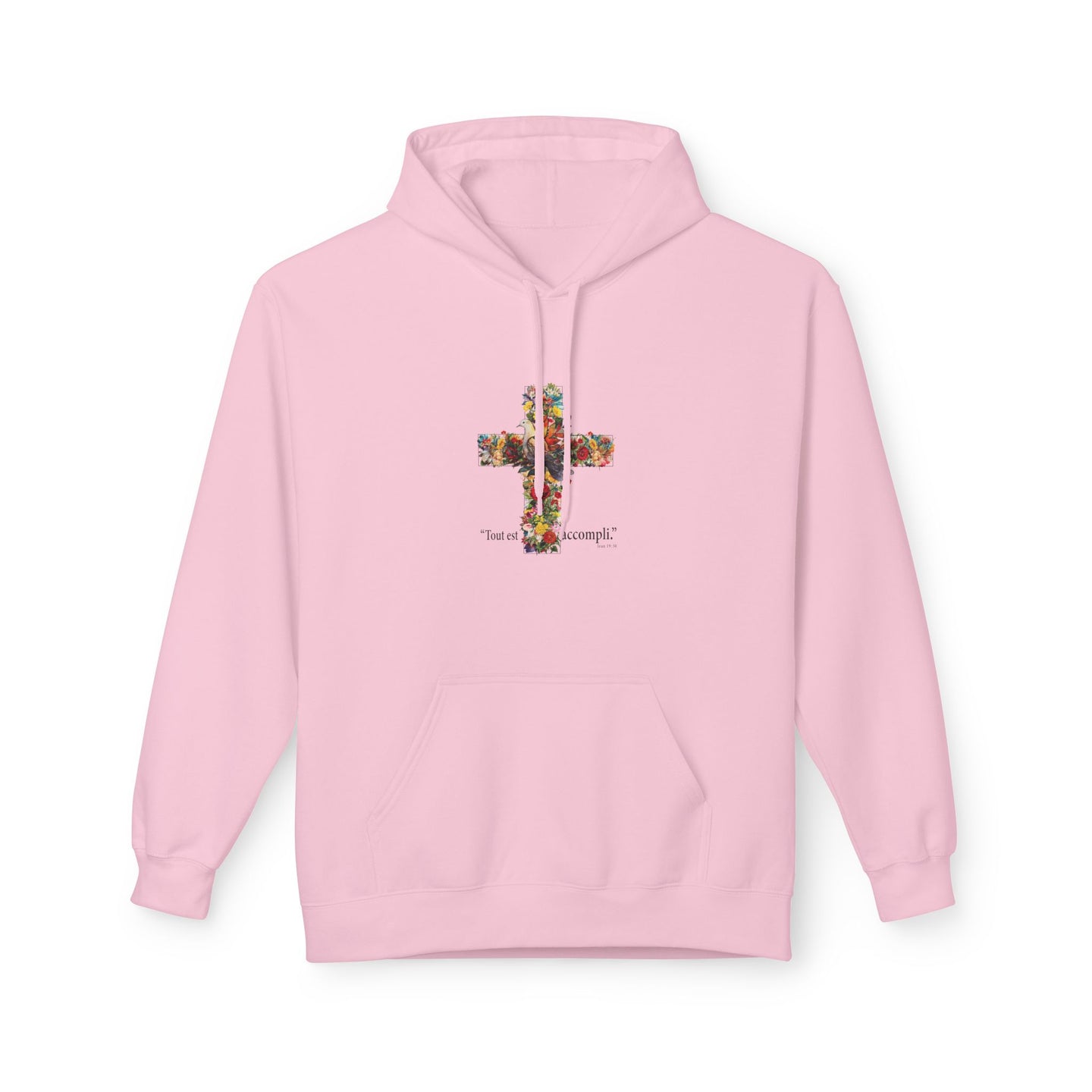 Sweat à capuche rose pour femme avec une croix florale et l'inscription Tout est accompli.