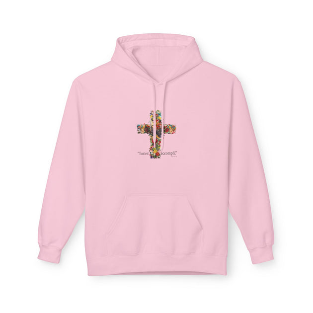 Sweat à capuche rose pour femme avec une croix florale et l'inscription Tout est accompli.