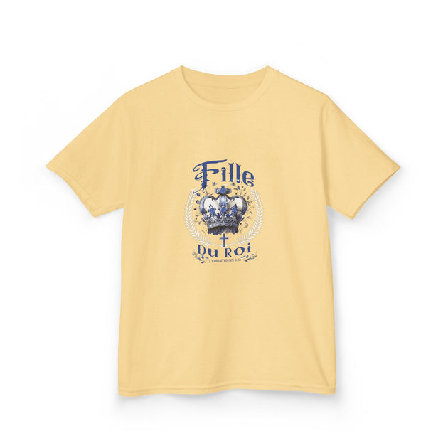 T-shirt enfant jaune Fille du Roi avec couronne bleue et verset biblique 2 Corinthiens 6:18.