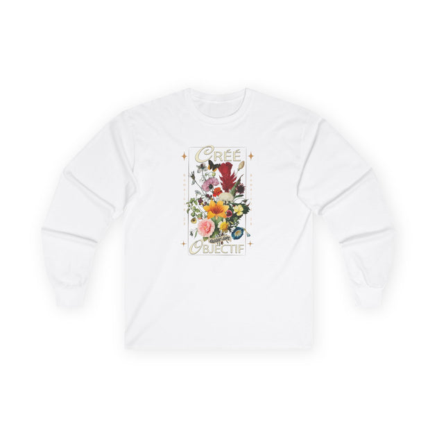 T-shirt blanc à manches longues avec un motif floral et l'inscription Créé avec un objectif.