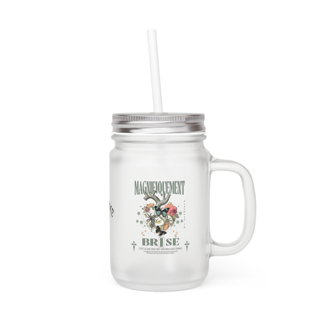 Bocal en verre dépoli avec couvercle métallique, paille et motif floral avec texte.