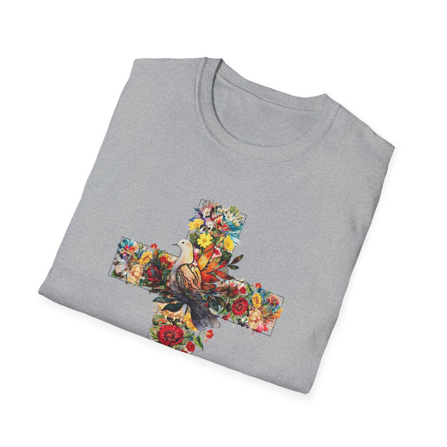 T-shirt gris pour femme orné d'une croix fleurie avec une colombe en son centre.