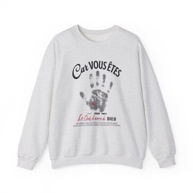 Sweat-shirt gris chiné avec une empreinte de main et le texte religieux Car vous êtes le chef-d'œuvre de Dieu.