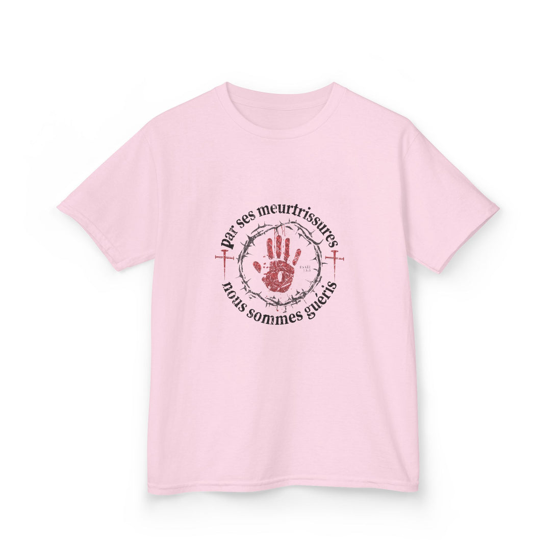 T-shirt rose pour enfant avec un motif religieux centré représentant une main et une couronne.