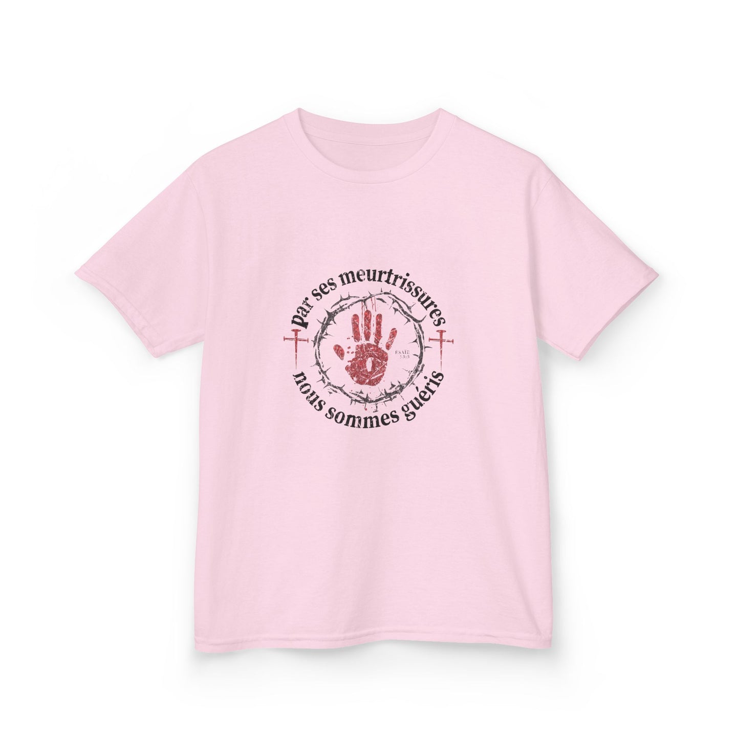 T-shirt rose pour enfant avec un motif religieux centré représentant une main et une couronne.