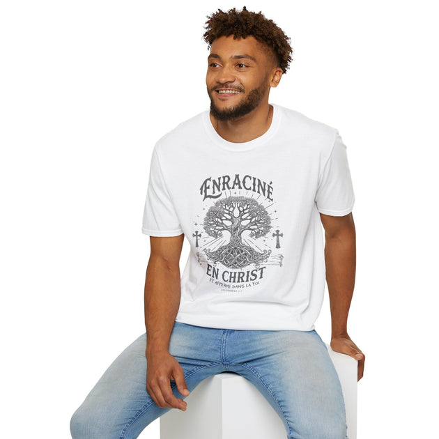 T-shirt blanc homme Enraciné en Christ avec motif arbre de vie et croix, style vintage.