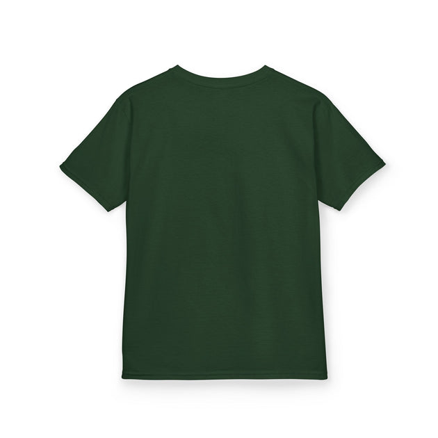 T-shirt pour enfant de couleur vert foncé vu de dos.