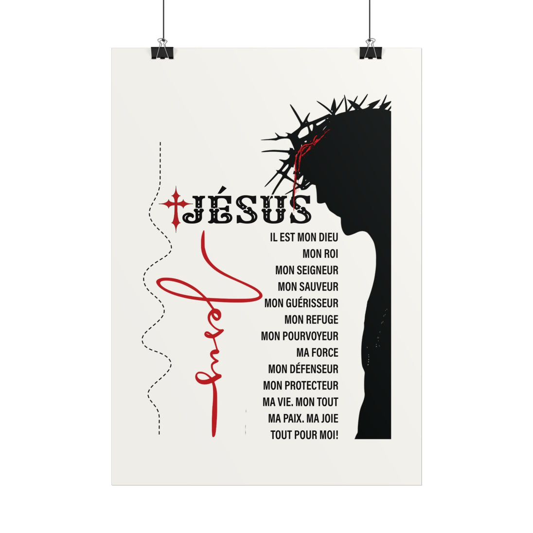 Affiche murale représentant la silhouette de Jésus couronné d'épines avec des textes religieux.