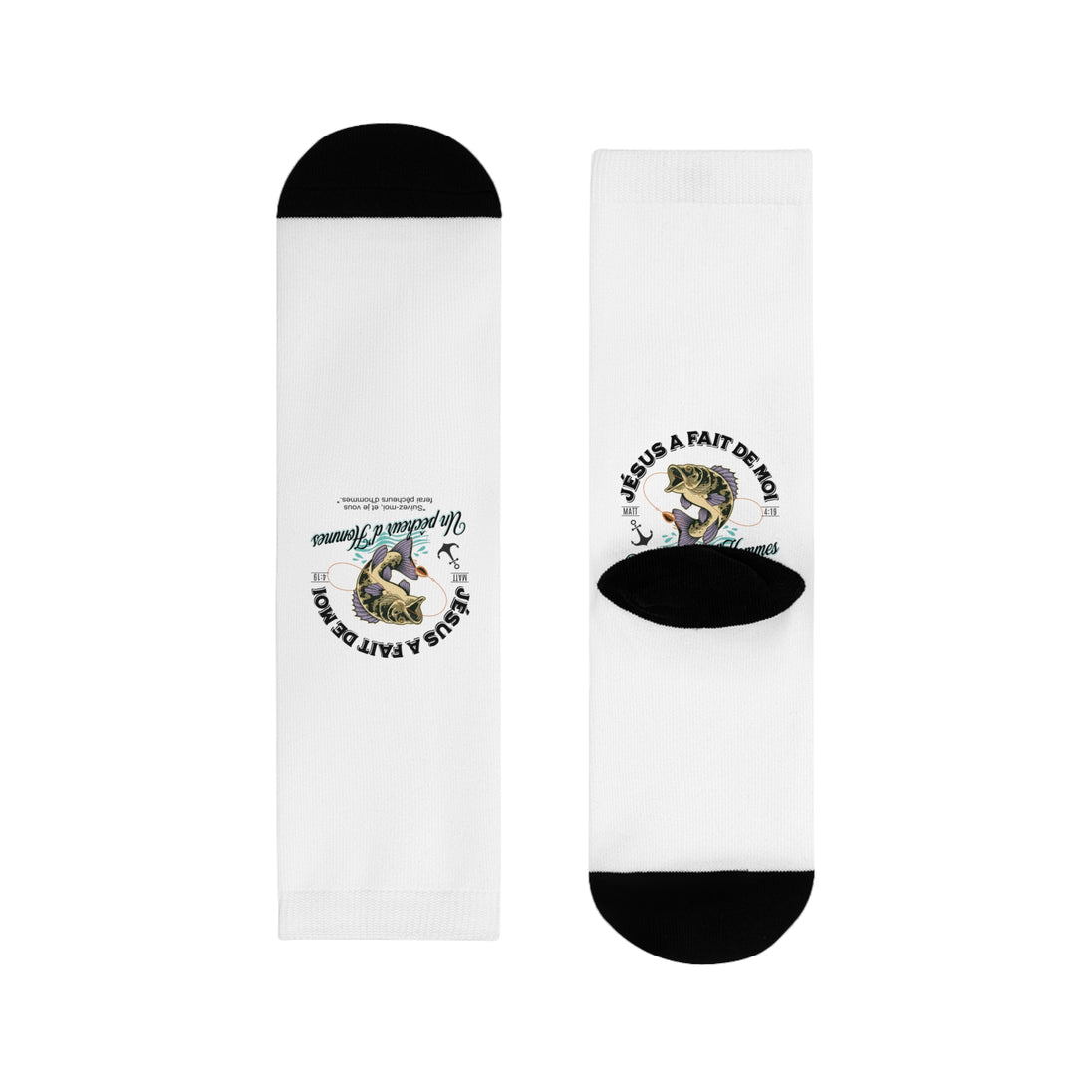 Paire de chaussettes blanches avec un motif de poisson et l'inscription Jésus a fait de moi.
