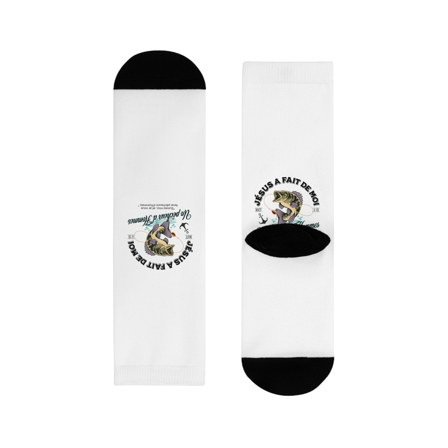 Paire de chaussettes blanches avec un motif de poisson et l'inscription Jésus a fait de moi.