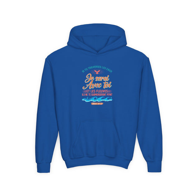 Sweat-shirt à capuche bleu pour enfant avec un motif imprimé inspiré de la mer sur la poitrine.