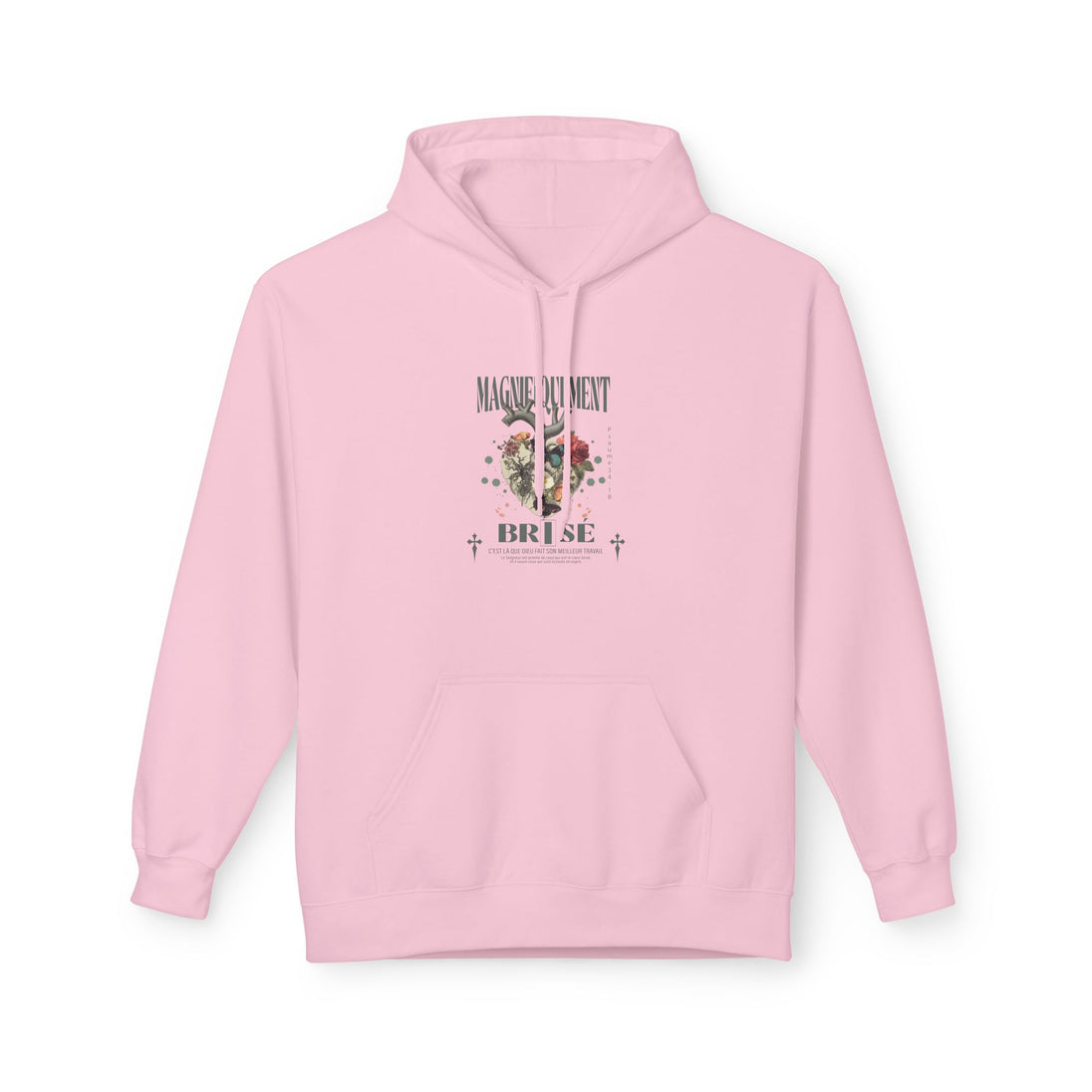 Sweat à capuche rose avec un motif floral en forme de cœur et l'inscription Magnifiquement Brisée.