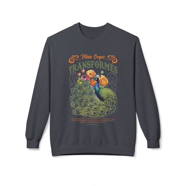 Sweat-shirt gris foncé pour femme avec un motif de paon et le texte biblique Romains 12:2.