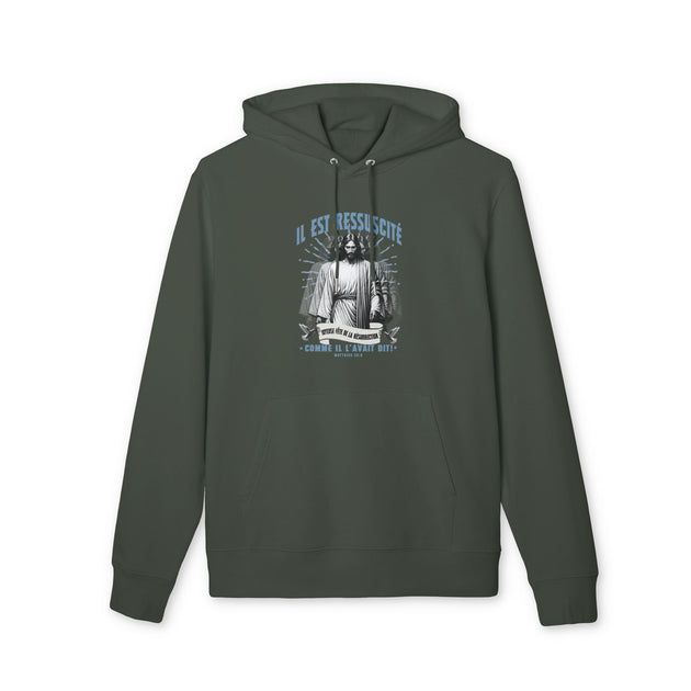 Sweat à capuche vert foncé avec une illustration religieuse et le texte Il est ressuscité.
