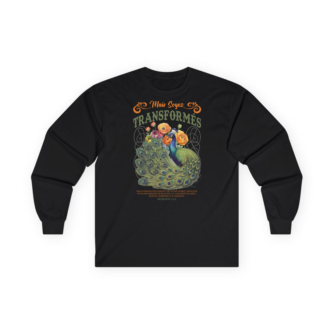 T-shirt noir à manches longues pour femme avec un paon et un texte religieux imprimés.