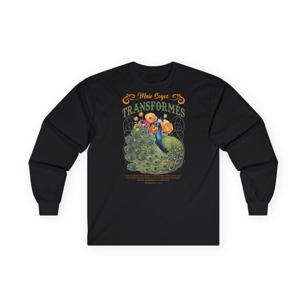 T-shirt noir à manches longues pour femme avec un paon et un texte religieux imprimés.