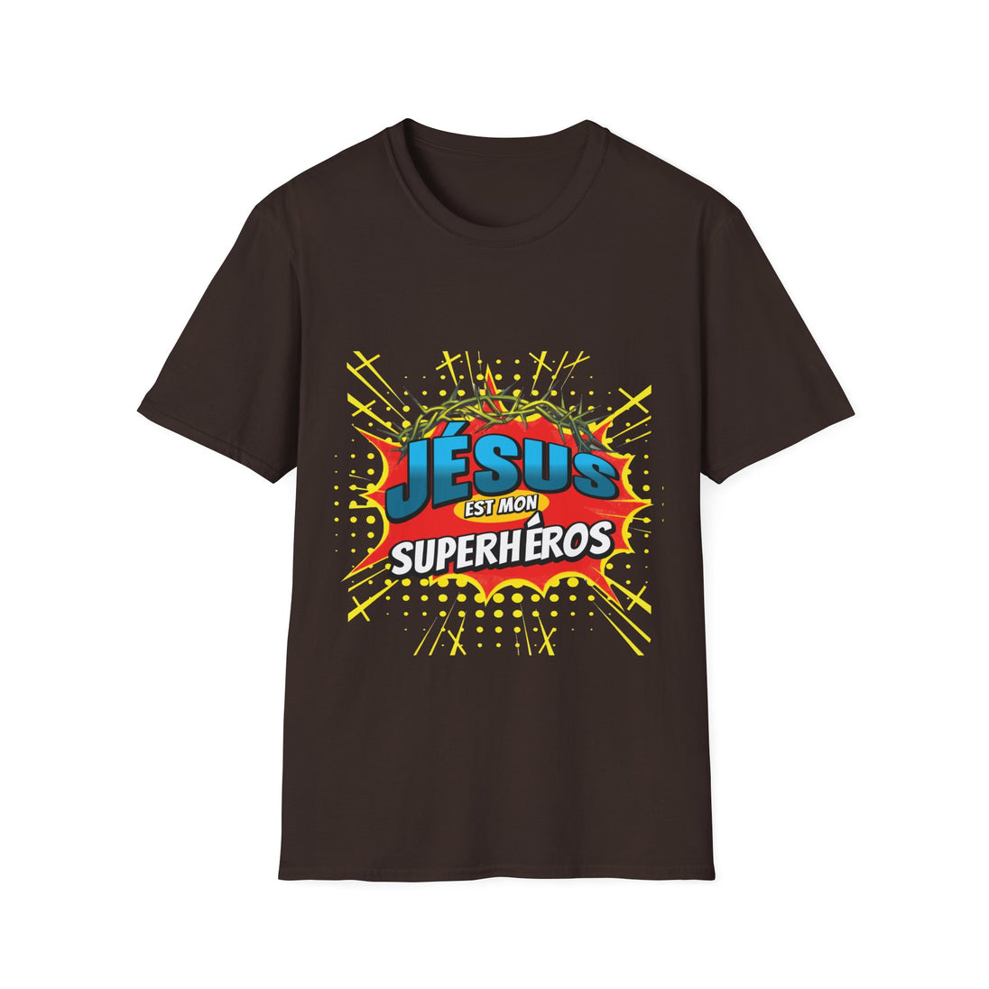 T-shirt marron pour homme avec un motif style bande dessinée Jésus est mon superhéros.