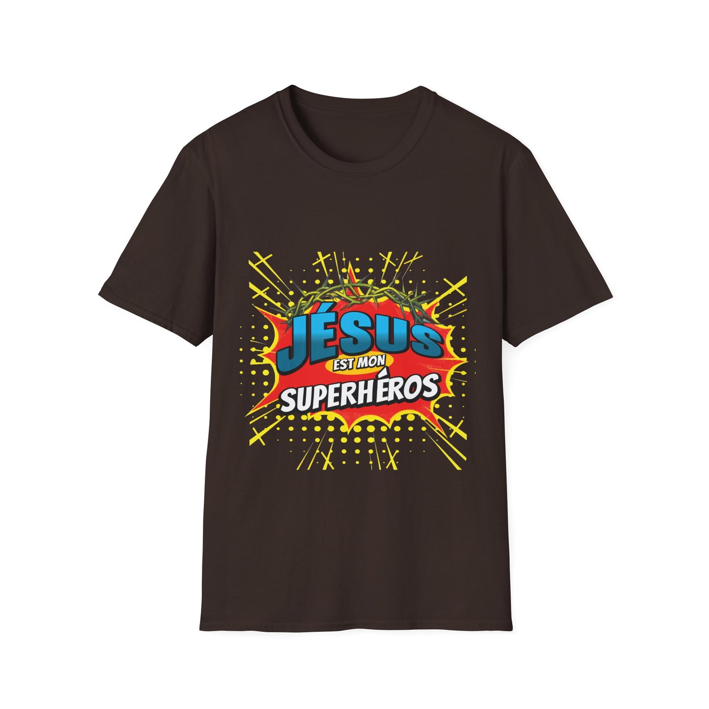 T-shirt marron pour homme avec un motif style bande dessinée Jésus est mon superhéros.