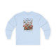 T-shirt bleu clair à manches longues avec un imprimé floral et un verset biblique en français.
