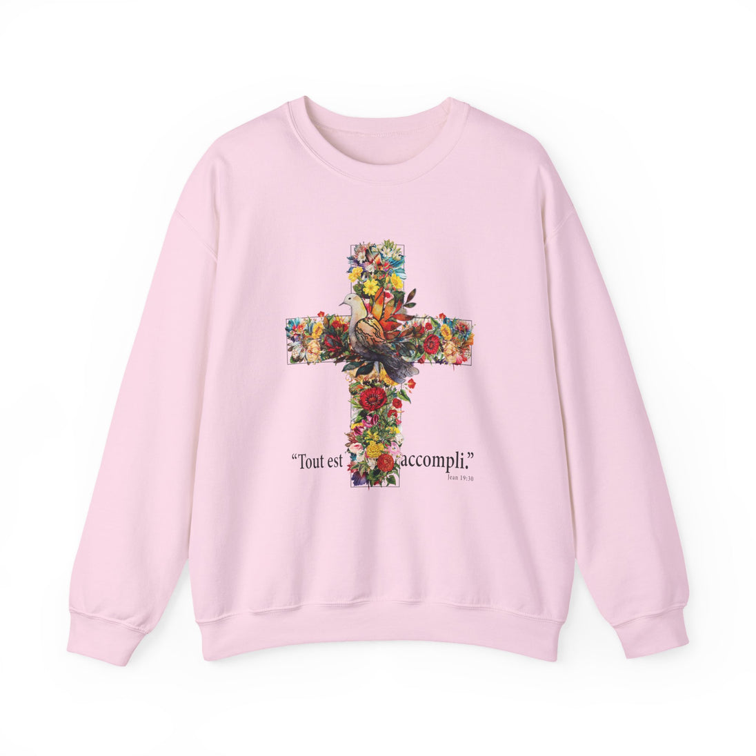 Sweat-shirt rose pâle pour femme orné d'une croix florale et de l'inscription Tout est accompli.
