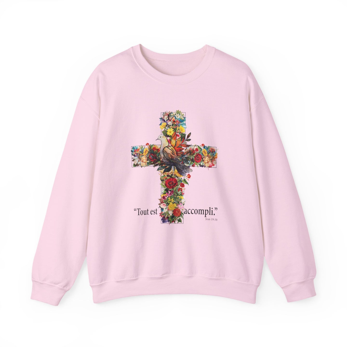 Sweat-shirt rose pâle pour femme orné d'une croix florale et de l'inscription Tout est accompli.