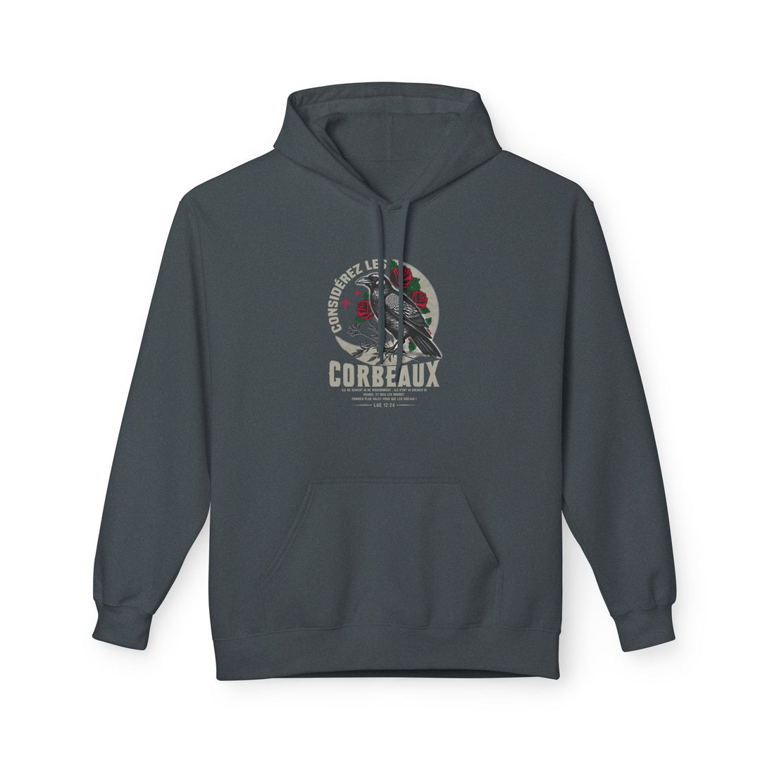 Sweat à capuche gris anthracite avec une illustration de corbeau et de roses sur la poitrine.