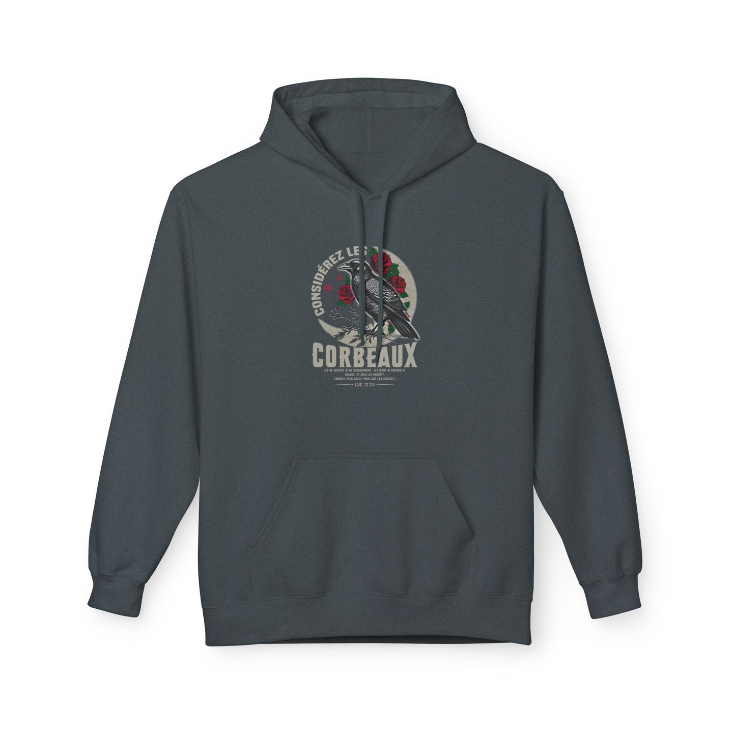 Sweat à capuche gris anthracite avec une illustration de corbeau et de roses sur la poitrine.