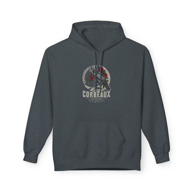 Sweat à capuche gris anthracite avec une illustration de corbeau et de roses sur la poitrine.