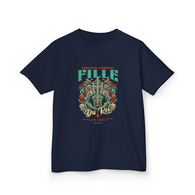 T-shirt bleu marine pour enfant avec une illustration de chevalier et le texte Fille du Roi.