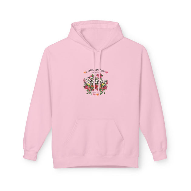 Sweat à capuche rose pour femme avec un motif floral et l'inscription L'amour de Dieu dure toujours.