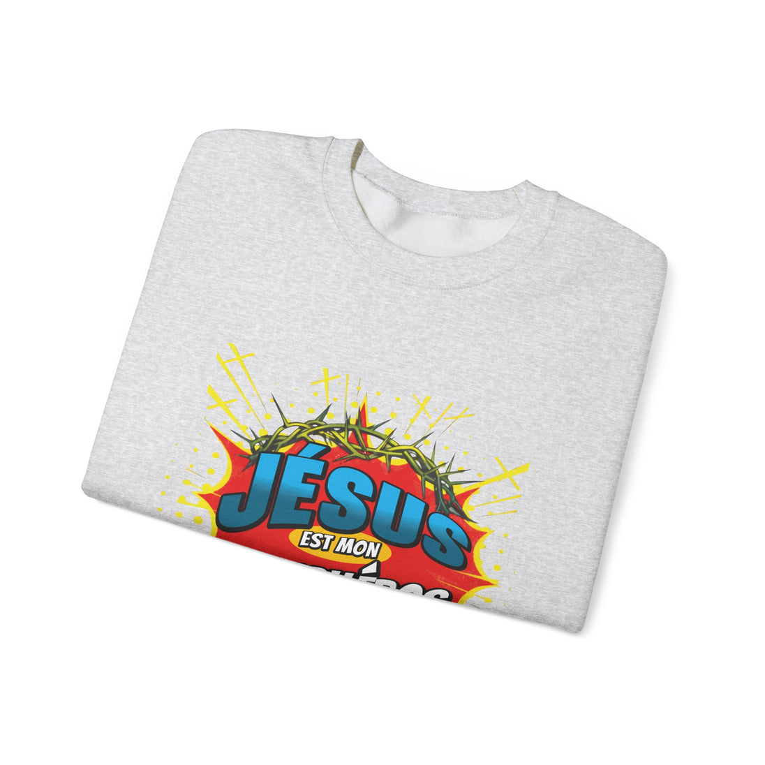 Sweat-shirt gris plié avec un motif coloré représentant une couronne d'épines et le texte Jésus.