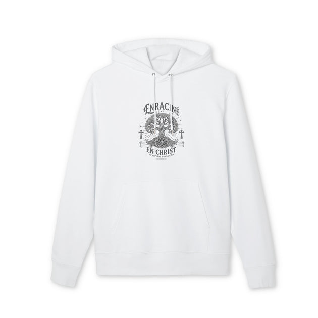 Sweat à capuche blanc en coton biologique avec un motif d'arbre et le texte Enraciné en Christ.