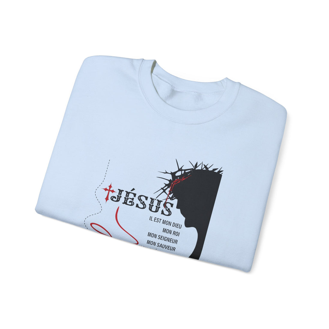 Sweat-shirt bleu clair plié avec une illustration de Jésus et un texte religieux en français.