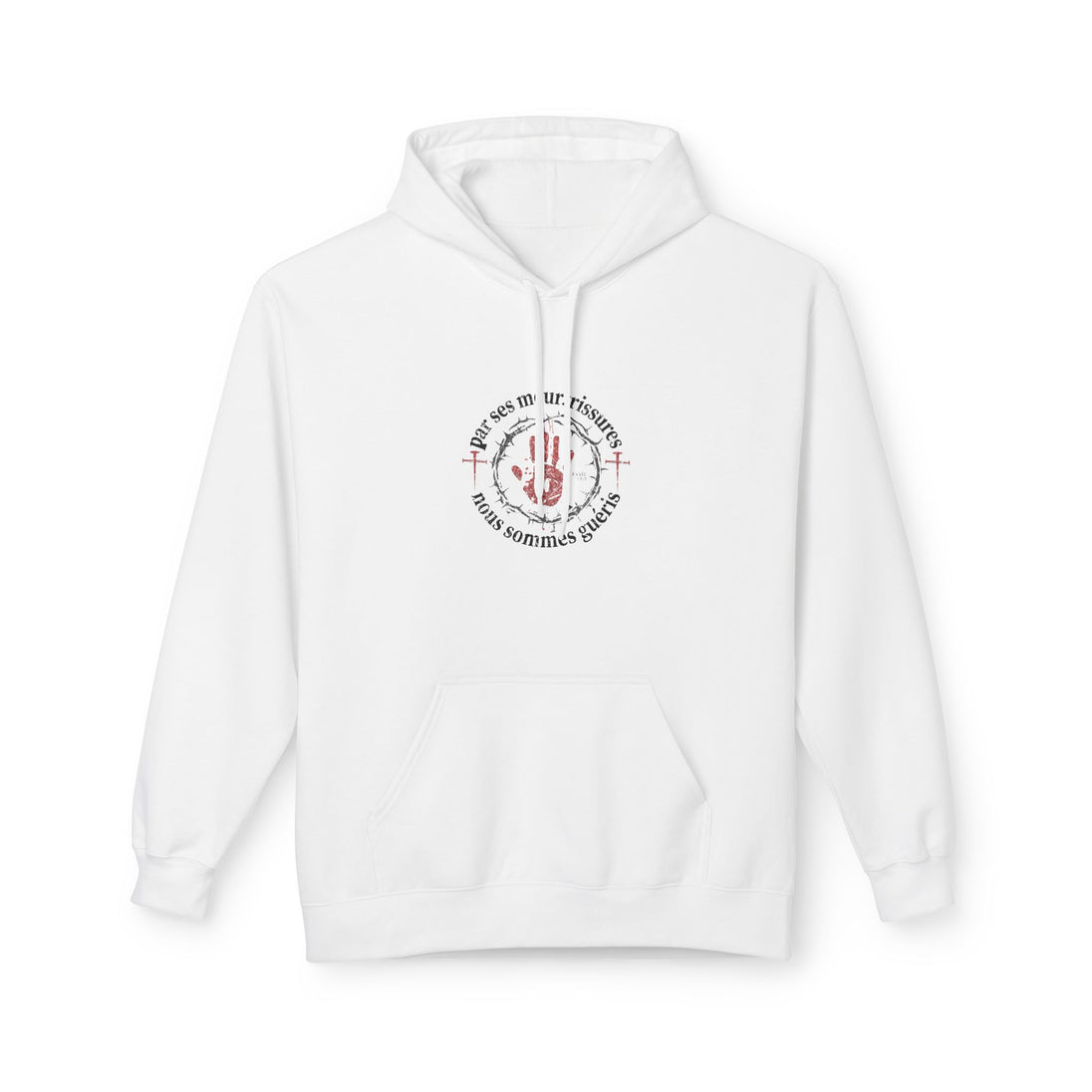 Sweat à capuche blanc avec un motif central représentant une main rouge et une couronne d'épines.