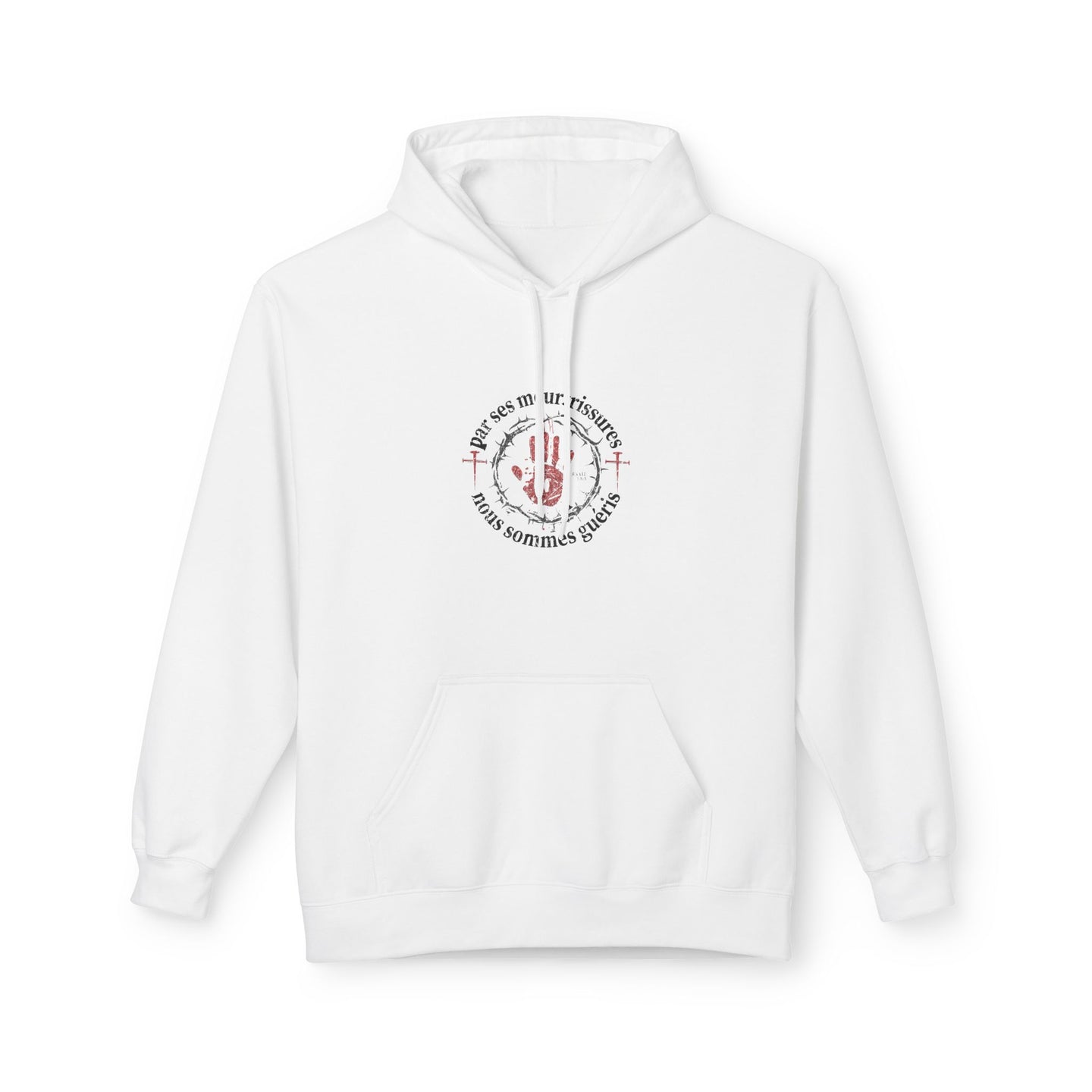 Sweat à capuche blanc avec un motif central représentant une main rouge et une couronne d'épines.