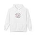 Sweat à capuche blanc avec un motif central représentant une main rouge et une couronne d'épines.