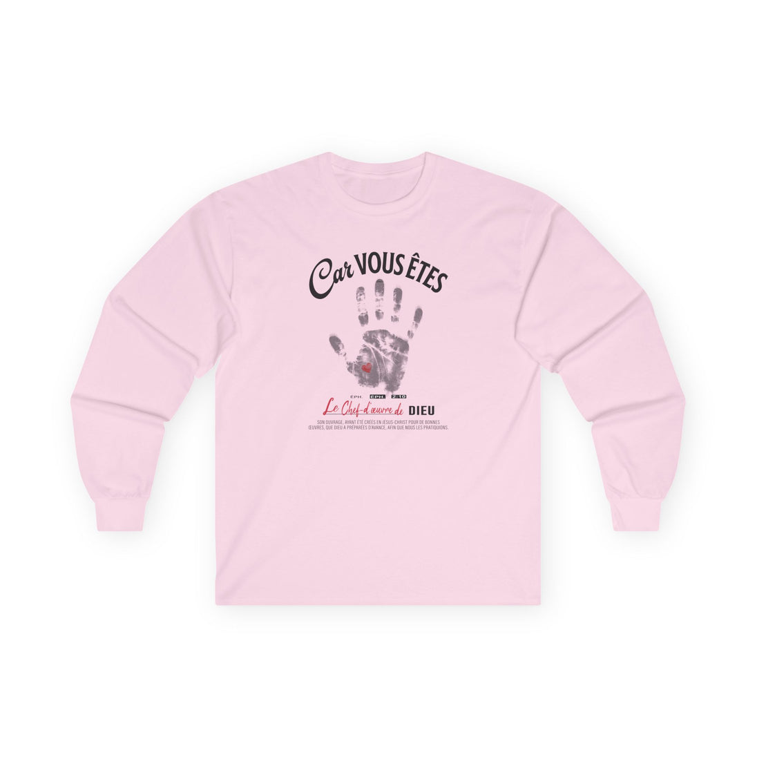 T-shirt rose à manches longues pour femme avec une empreinte de main et un texte religieux.