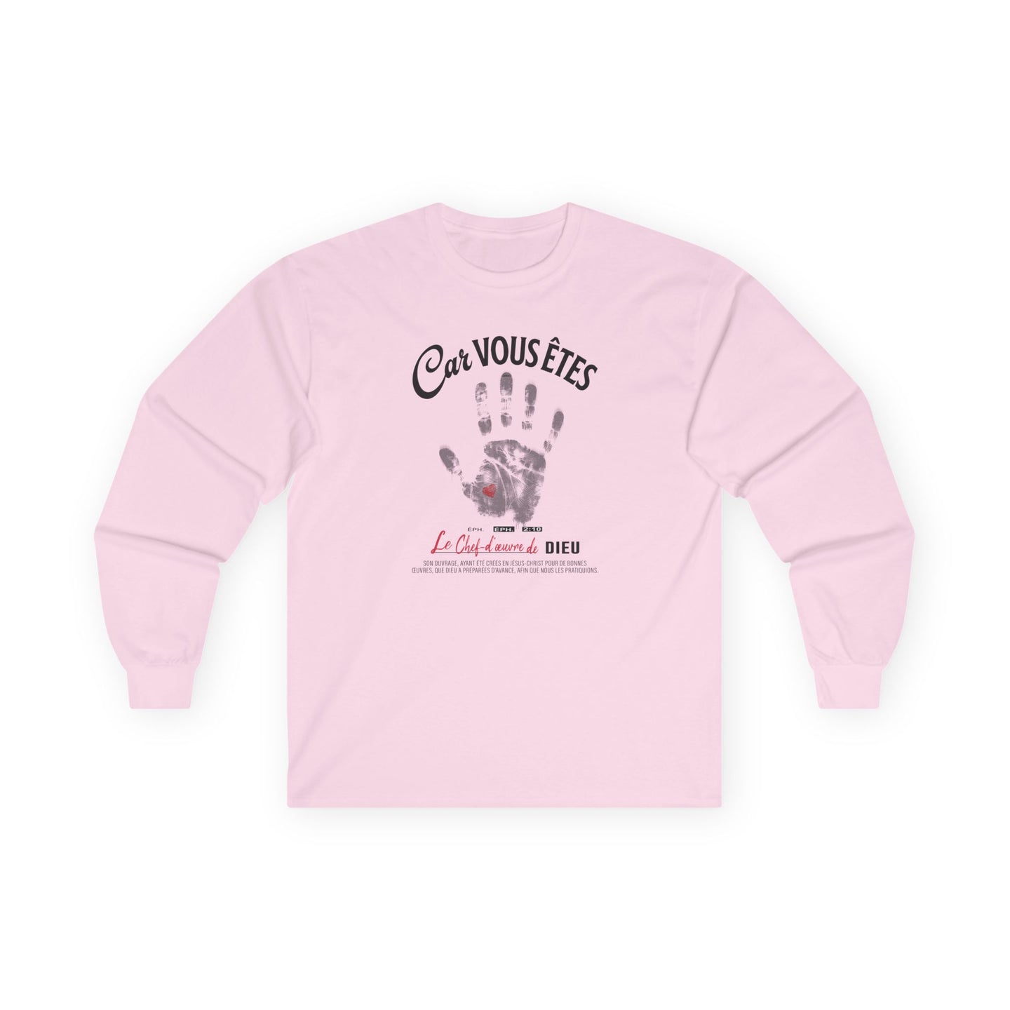 T-shirt rose à manches longues pour femme avec une empreinte de main et un texte religieux.