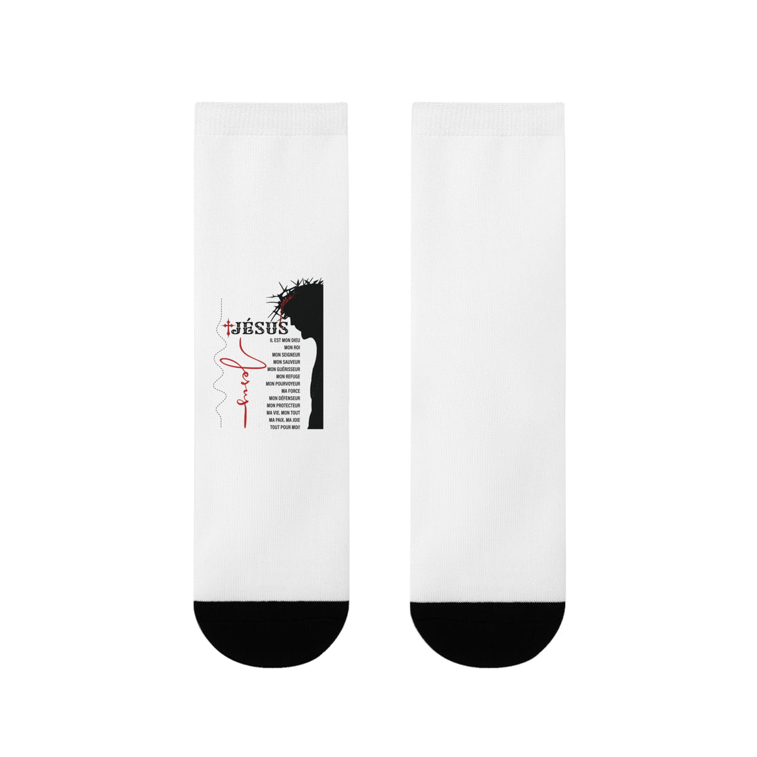 Paire de chaussettes blanches avec une illustration de Jésus et une liste de ses attributs.