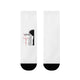 Paire de chaussettes blanches avec une illustration de Jésus et une liste de ses attributs.