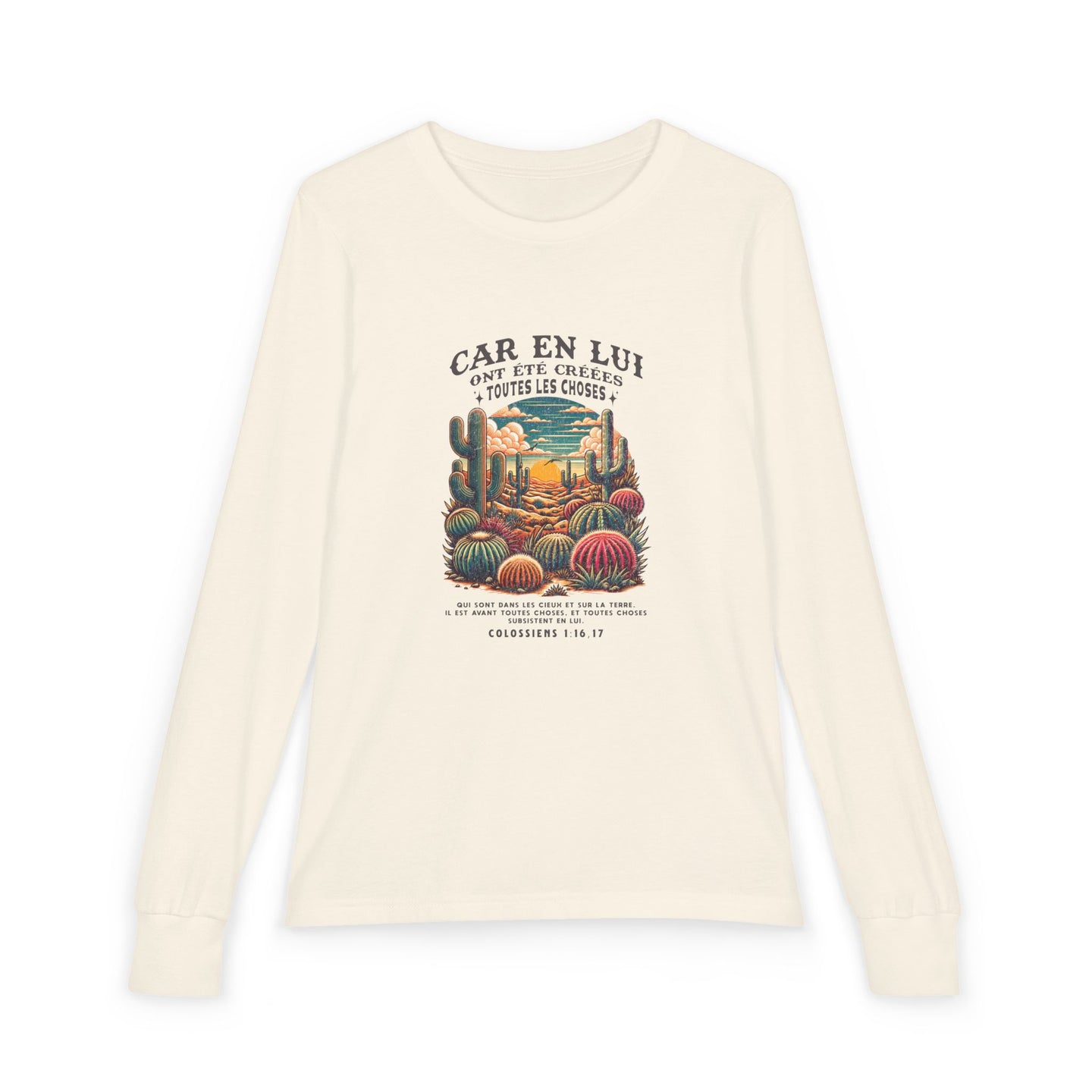 T-shirt à manches longues beige pour enfant avec une illustration de désert et un texte religieux.