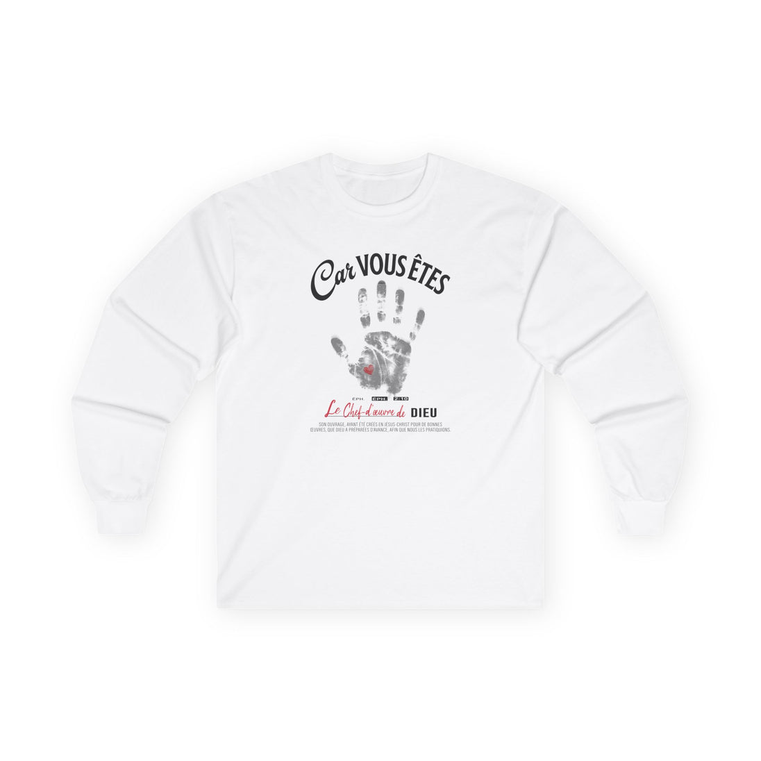 T-shirt blanc à manches longues avec une empreinte de main et un texte religieux en français.