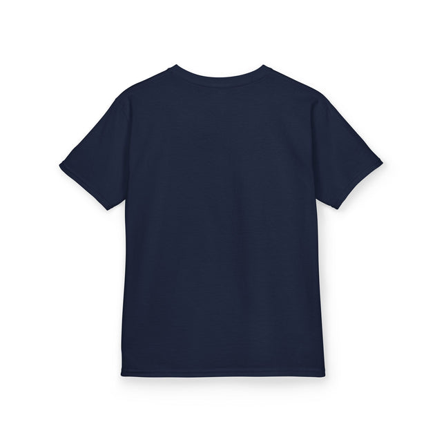 T-shirt pour enfant bleu marine à manches courtes présenté de dos sur fond blanc.