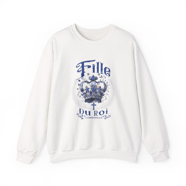 Sweat-shirt blanc pour femme avec une couronne bleue et l'inscription Fille du Roi.
