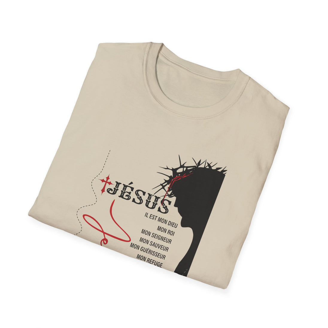 T-shirt beige pour femme avec une illustration de Jésus portant une couronne d'épines.