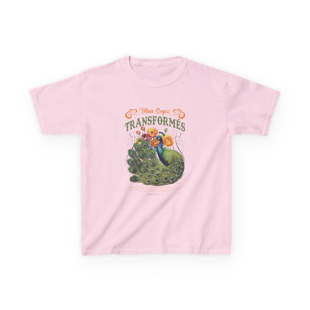 T-shirt rose pour enfant avec une illustration de paon et le texte Mais soyez transformés.