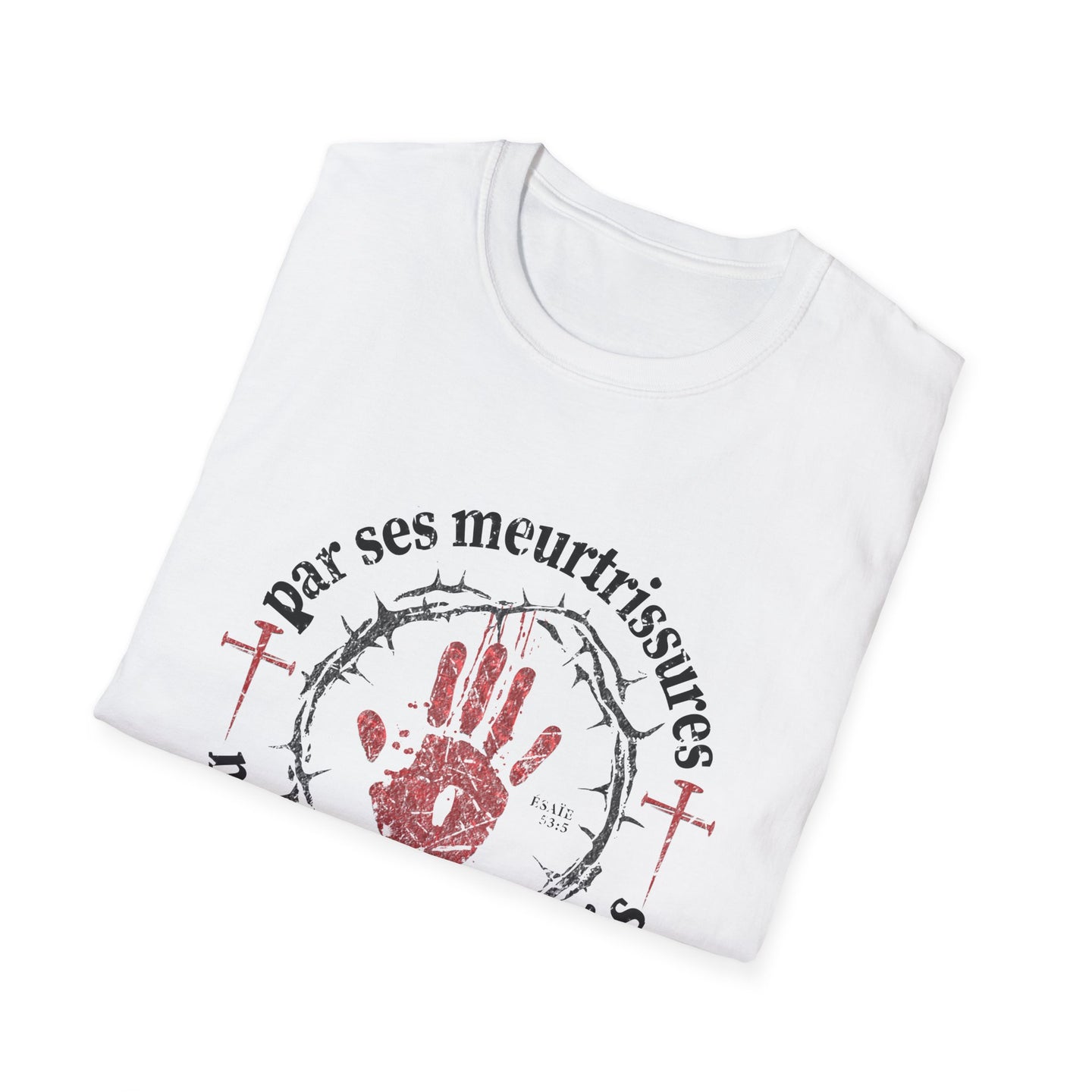 T-shirt blanc plié avec une impression représentant une couronne d'épines et une main rouge.